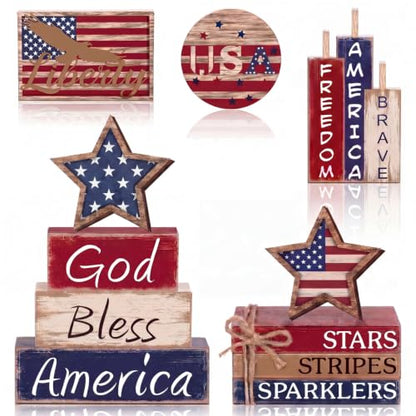 11 Pcs 4th of July Table Decorations Set Patriotic Tiered Tray Decor Set Blue Red White Table Centerpieces Sign for 4th of July Office Home Shelf 250th Anniversary - style: Patriotic