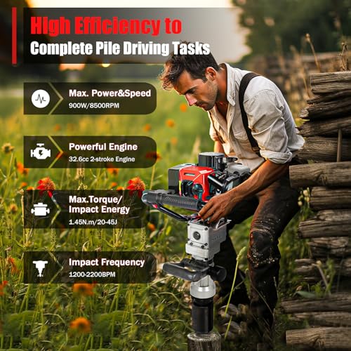 Bepritm Gas Powered T Post Driver, 32.7CC Fence Post Driver Two-Stroke Post Pile Driver with 2 Sockets, 8500RPM Light Weight Handheld Gasoline Farm Fence Pile Driver (32.7CC 2 Stroke Style B) - color: 32.7cc 2 Stroke Style B