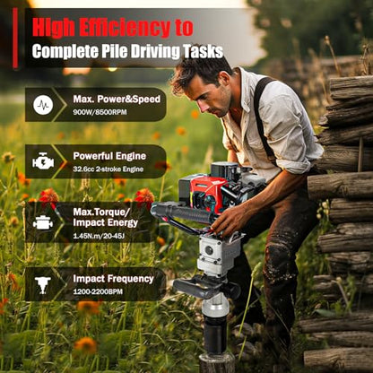 Bepritm Gas Powered T Post Driver, 32.7CC Fence Post Driver Two-Stroke Post Pile Driver with 2 Sockets, 8500RPM Light Weight Handheld Gasoline Farm Fence Pile Driver (32.7CC 2 Stroke Style B) - color: 32.7cc 2 Stroke Style B