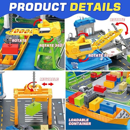 Cargo Ship Toy & Airplane Toy, Toy Boat and Gantry Crane Playset with Play Mat, Transport Containers, Push and Go Vehicle Cars, Kids Play Boats for Boys Girls
