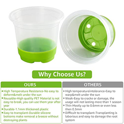 MIXC Thickened Clear Nursery Pots with Silicone Base for Easy Transplant 30 Packs 4 Inch, Transparent Plant Pot Reusable Seedling Pots for Vegetable Propagation, Root Cutting, Seed Starting, Green