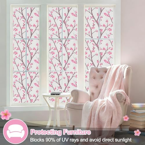 Frosted Static Cling Window Film, Stained Glass Privacy Film with Sakura Pattern, Anti-Glare UV Protection, Removable Decorative Window Clings for Home (Frosted Sakura, 17.5 x78.7 in)