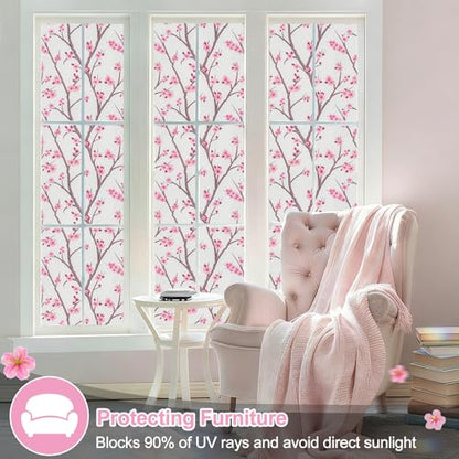Frosted Static Cling Window Film, Stained Glass Privacy Film with Sakura Pattern, Anti-Glare UV Protection, Removable Decorative Window Clings for Home (Frosted Sakura, 17.5 x78.7 in)