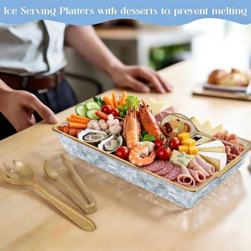 1 Set 16" x 9" Chilled Serving Tray for Parties with Compartments Ice Chilled Party Crudite Platter Charcuterie Serving Board Cold Dish Dip Tableware for Seafood Vegetable (Gold Glitter)