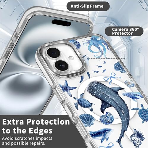 for iPhone 16 Case,Compatible with MagSafe,The Transparent TPU Silicone Protects The Phone Case from Drops, Slips and Fingerprints.Blue Ocean Whale Shark Octopus Turtle Collage