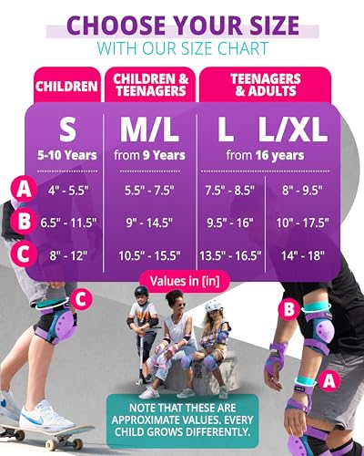 SKATEWIZ Skateboard Pads Protective Gear Set for Kids and Adults - Smash - Roller Skate Pads [6pc] with Wrist Guards - Skating Protective Gear - Roller Derby - color: Blue Purple, size: L/XL - Adults