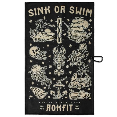 RokFit Gym & Golf Towel – Multi-Use, Quick-Dry, Durable Utility Towel with Bold Graphic and Carabiner Clip (Sink Or Swim) - color: Sink Or Swim