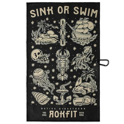 RokFit Gym & Golf Towel – Multi-Use, Quick-Dry, Durable Utility Towel with Bold Graphic and Carabiner Clip (Sink Or Swim) - color: Sink Or Swim