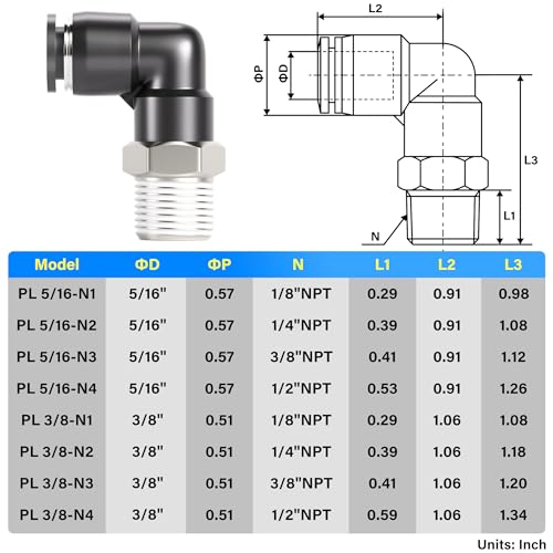 TAILONZ PNEUMATIC Male Elbow 3/8 Inch Tube OD x 3/8 Inch NPT Thread 90 Push to Connect Fittings PL-3/8-N3 (Pack of 10) - size: 3/8''OD 3/8''MNPT