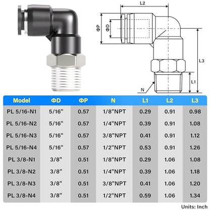 TAILONZ PNEUMATIC Male Elbow 3/8 Inch Tube OD x 3/8 Inch NPT Thread 90 Push to Connect Fittings PL-3/8-N3 (Pack of 10) - size: 3/8''OD 3/8''MNPT