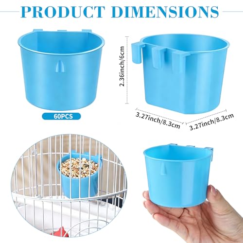 Sumind 60 Pcs Cage Cups Chicken Feeder Birds Hanging Feeders Seed Bowl 8 oz Plastic Water Bowl Hanging Chicken Gamefowl Waterer Feeding Watering Dish Coop Cups for Parrot Parakeet Poultry (Light Blue)