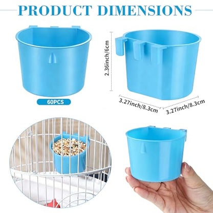 Sumind 60 Pcs Cage Cups Chicken Feeder Birds Hanging Feeders Seed Bowl 8 oz Plastic Water Bowl Hanging Chicken Gamefowl Waterer Feeding Watering Dish Coop Cups for Parrot Parakeet Poultry (Light Blue)