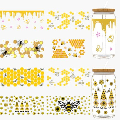 24pcs Cute Bees UV DTF Cup Wrap,UV DTF Cup Wraps for 16 oz,Glasses,Tables,Chairs,Computers,High Viscosity UV DTF Transfer Paper - style: Cute bees
