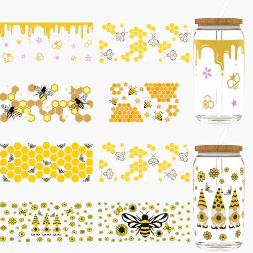24pcs Cute Bees UV DTF Cup Wrap,UV DTF Cup Wraps for 16 oz,Glasses,Tables,Chairs,Computers,High Viscosity UV DTF Transfer Paper - style: Cute bees