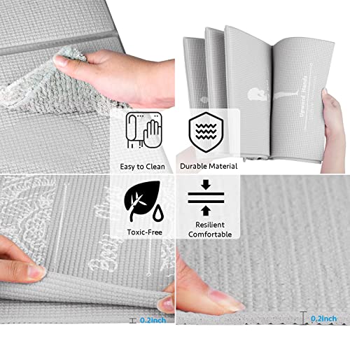 Foldable Yoga Mat for Women, Non Slip Exercise Mat for Home Gym, 5mm Travel Yoga Mats Set With Stretch Strap for Yoga Pilates and Fitness, 68"L x 24"W x 0.2 Inch Thick - color: Grey