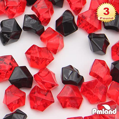 Clear Fake Ice Rocks – 550 Pcs Large Acrylic Gems Crushed Plastic Diamonds, Black & Red (3Lbs/2.25 Quarts) – Bulk Vase Filler for Centerpieces Theme Décor Aquarium Table Scatter