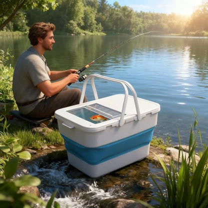 Collapsible Bucket,13 L Foldable Fish Bucket with Lockable Lid,Multifunctional Container for Live Fishing Lure,Collapsible Washing up Bowlfor Home & Car (Blue) - color: Blue