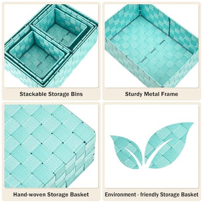 Woven Storage Baskets, Storage Bins, Cube Basket Container Baskets Storage Boxes Organizers for Clothes/Shelves/Closet, Set of 6 (Aqua)
