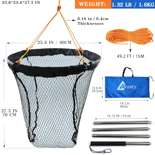 Large Collapsible Bridge Pier Fishing Net Landing Net with Rod, High Load Aluminum Ring Drop Net for Saltwater and Freshwater Pier Fishing Basket with 49.2 ft. Rope - color: Black, size: 23.6 x 23.6 x 27.5", style: 0.99*0.59 in Mesh