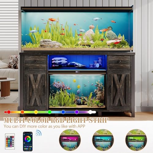 55-75 Gallon Fish Tank Stand with Power Outlet & LED Lights, Heavy Duty Aquarium Stand with Storage Drawers & Barn Doors, Reptile Tank Cabinet for Turtle, Reptile Terrarium, Dark Oak