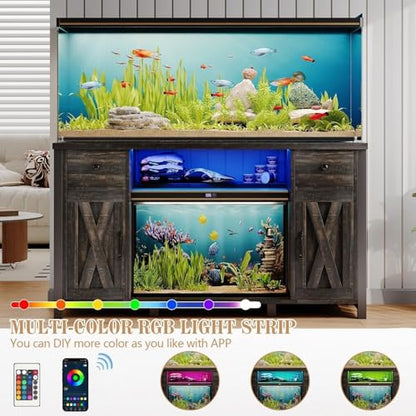 55-75 Gallon Fish Tank Stand with Power Outlet & LED Lights, Heavy Duty Aquarium Stand with Storage Drawers & Barn Doors, Reptile Tank Cabinet for Turtle, Reptile Terrarium, Dark Oak