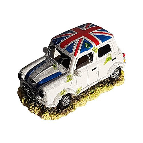 Mini White Automobile with Union Jack Roof Aquarium Ornament with Bubbler Attachment, 5 Inch Long Car Decor with Air Bubbling, Aerating Fish Tank Decoration (AIr Pump Required, Not Included)