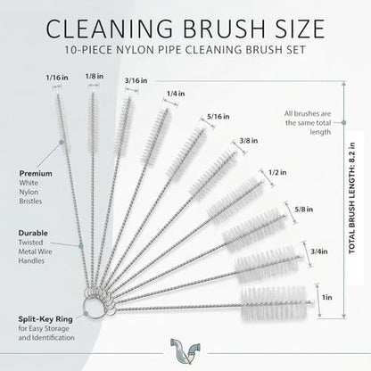 Mini Straw & Pipe Cleaning Nylon Brushes | 10 Brush Set | 8 inch Length | Flexible, Non-Scratch, Rust-Resistant Steel Handle | Reusable Straws, Pipes, Tubes, Mini Bottles etc