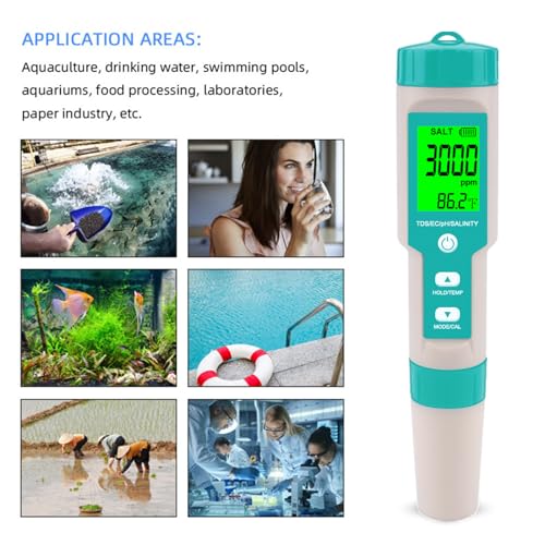 Aquarium Salt Tester -Pool Salt Tester, Versatile 5 in1 Salinity, PH, TDS, EC, and Temperature Meter, Digital Salinity Tester for Saltwater Aquarium, Accurate Salinity Meter,Green