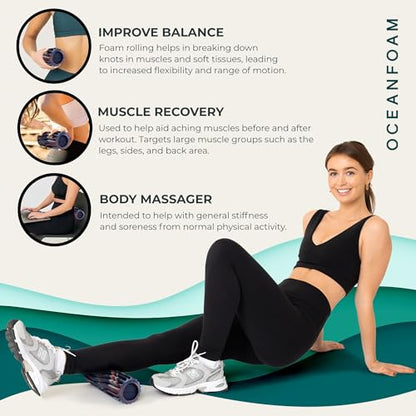 Oceanfoam Ripple Travel Foam Roller (11" x 3.35") Firm Mini Foam Roller for Physical Therapy, Deep Tissue Massage, Back Pain - High Density, Wave Textured - Yoga (Red, Dark Navy & Natural Marbled) - color: Red, Dark Navy & Natural Marbled