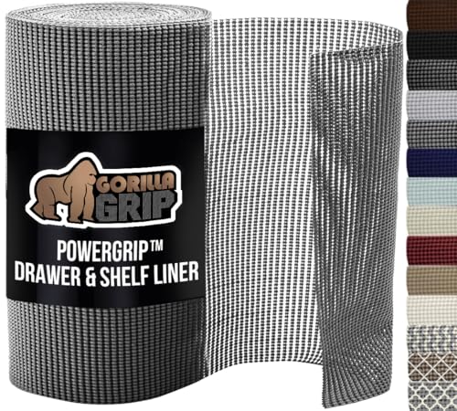GORILLA GRIP powerGRIP Drawer Shelf and Cabinet Liner, Thick Strong Hold, Non-Adhesive Liners Protect Kitchen Cabinets and Cupboard, Bathroom Drawers, Easy Install, Breathable Mat, 12" x10', Gray - color: Gray, style: 12" x 10'