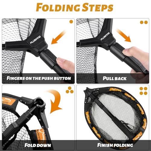 PLUSINNO Fishing Net Fish Floating Landing Net, Kayak Nets with Fixed Foldable Telescopic Pole Handle, Bass Trout Fishing Nets with Nylon Mesh for Pond Lake River, Fishing Gear Gifts for Men Anglers