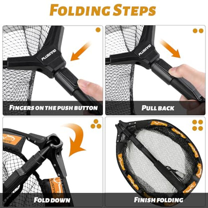 PLUSINNO Fishing Net Fish Floating Landing Net, Kayak Nets with Fixed Foldable Telescopic Pole Handle, Bass Trout Fishing Nets with Nylon Mesh for Pond Lake River, Fishing Gear Gifts for Men Anglers