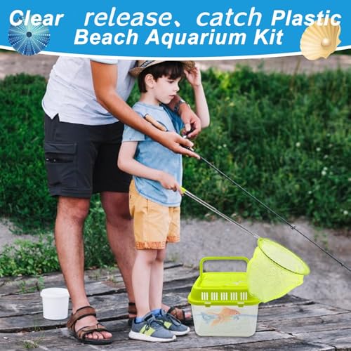 4Sets Catch Plastic Beach Aquarium Kit,Great Concept for Catching and Release,Clear and Transparent Portable Handheld Tank with Retractable net Bag for Beach, Pool and Lake