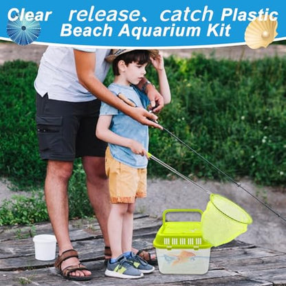 4Sets Catch Plastic Beach Aquarium Kit,Great Concept for Catching and Release,Clear and Transparent Portable Handheld Tank with Retractable net Bag for Beach, Pool and Lake