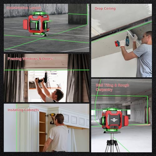 Laser Level with Tripod, Self Leveling Laser Level 4x360°, Green Line Laser 4D Laser Leveler Tool with 2Pcs Lithium Batteries for Picture Hanging, Tile, Home Renovation(SizeX)