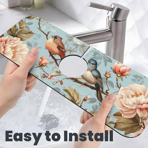 Faucet Draining Mat For Kitchen Sink, Blue Birds Peonies Flowers Diatom Mud Absorbent Drain Pad For Bathroom Kitchen Sink Splash Guard Drying Mat - color: Blue Birds Peonies Flowers