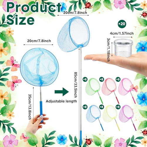 48 Pcs Kids Butterfly Fishing Nets Bulk Colorful Telescopic Butterfly Fishing Nets with Stainless Steel Pole Handle 34 Inch with 20 Pcs Plastic Insect Bottle Nature Exploration Toys