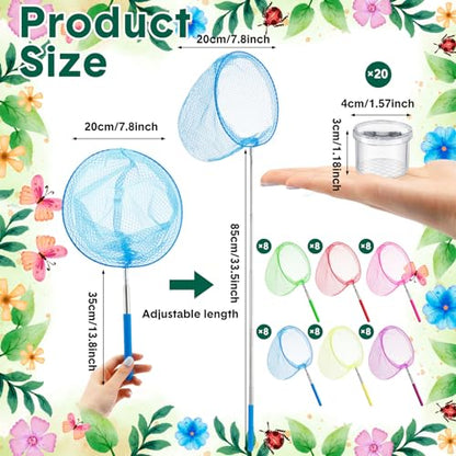 48 Pcs Kids Butterfly Fishing Nets Bulk Colorful Telescopic Butterfly Fishing Nets with Stainless Steel Pole Handle 34 Inch with 20 Pcs Plastic Insect Bottle Nature Exploration Toys