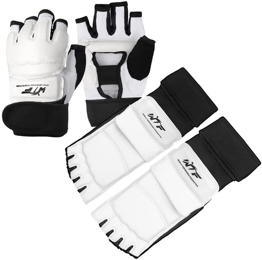 Taekwondo Karate Gloves & Sparring Gear Foot Protector Set, Boxing Sparring Foot Guard and Half-Finger Gloves for Martial Arts TKD Kung Fu Punch Bag Kickboxing MMA Training - size: Small