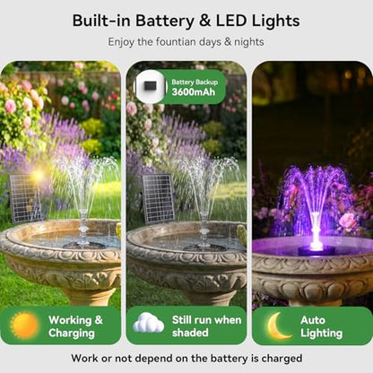 8W Solar Fountain Pump Built-in 3600mAh Battery & LED Lights, Solar Powered Water Pump with Double-Layer Nozzle & 5ft Tubing, Solar Water Fountain For Bird Bath Pond Garden DIY Water Features - size: 8W
