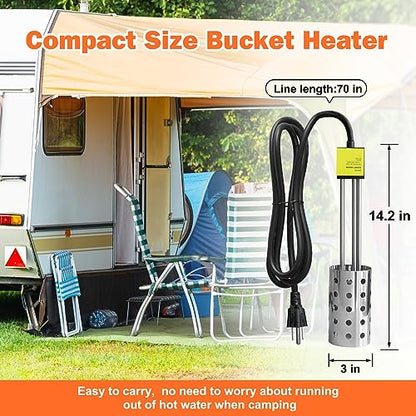 1000W Electric Immersion Heater, Bucket Water Heater with 304 Stainless-Steel Guard, Submersible Bucket Heater with Thermostat and Auto Shutoff, Heats 5 Gallons Water in Minutes