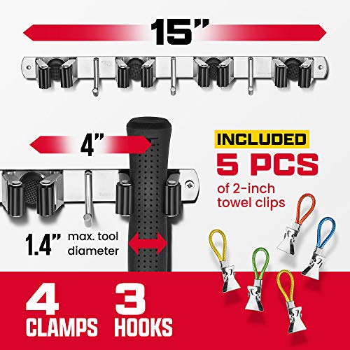 Wall Mount Hanger for Brooms & Mops - Adhesive Stainless Steel Mops & Broom Holder, 4 Clamps, 3 Hooks, & 5 Towel Hanger Clips Including Mounting Hardware for Utility Room Organization - style: 1-Pack