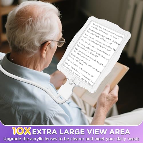 Large 10X Rechargeable Magnifying Glass for Reading with Light Hands Free Magnifying Glass Neck Wear Magnifier with 50 Led Lights Full Book Page Magnifier for Seniors Low Vision Elderly,White - color: White