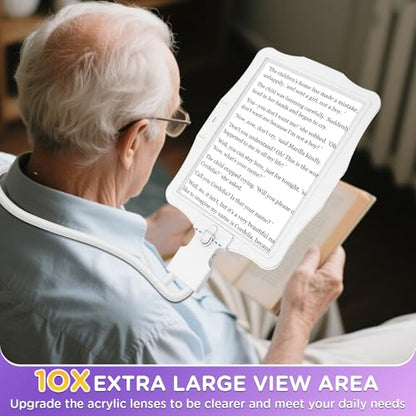Large 10X Rechargeable Magnifying Glass for Reading with Light Hands Free Magnifying Glass Neck Wear Magnifier with 50 Led Lights Full Book Page Magnifier for Seniors Low Vision Elderly,White - color: White