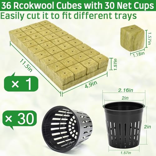 36PCS 1.2-Inch Rockwool Cubes with 30PCS 2-Inch Net Cups for Hydroponics Great Hydroponic Kit for Cuttings Clone Plant Propagation Seed Starting & Soilless Cultivation