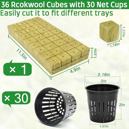 36PCS 1.2-Inch Rockwool Cubes with 30PCS 2-Inch Net Cups for Hydroponics Great Hydroponic Kit for Cuttings Clone Plant Propagation Seed Starting & Soilless Cultivation