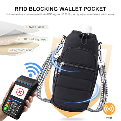Water Bottle Bag 40 oz Crossbody Holder for Walking Hiking Insulated Carrier Purse with Adjustable Strap - color: Black