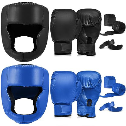 Kanayu 14 Pcs Boxing Gloves and Headgear Set for Beginners Youth 16 Ounce Boxing Gloves Headgear Helmet Hand Wraps Mouth Guards Equipment for Beginners Training Equipment Gifts - color: Black, Blue