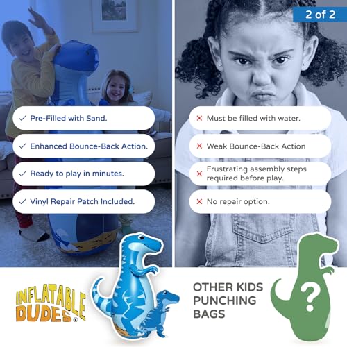 INFLATABLE DUDES Kids Punching Bag- Bop Bag | Sand-Base - color: Blue Raptor | Pre-filled with Sand, size: 47"