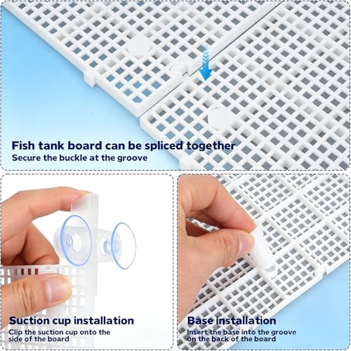 10 Pieces High-Density Aquarium Grid Plastic, Fish Tank Divider with 60 Brackets & 8 Suction Cups, Plastic Egg Crate Grid Panel for DIY Aquarium Lid, Bottom Filtration, Aquascaping Protection, White